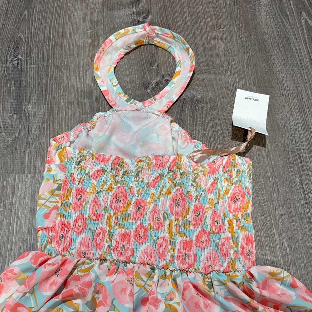 Grace Karin Girls Floral Halter Tiered Dress Pink Green - Picture 7 of 9